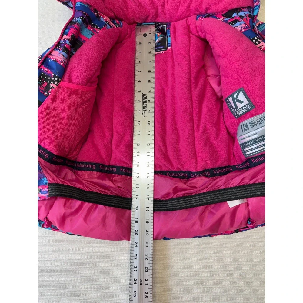 Kuluoxing Kids Pink Blue Abstract Print Hooded Ski Jacket Winter Coat Size 10